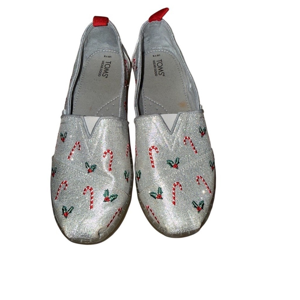 Christmas TOMS Classic Alpargata Womens Slip-On Flats Silver Glitter Size 5